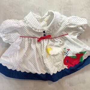Vintage 80s Baby Dress 3-6 Months Polka Dot Appliqué Embroidered Puff Sleeves